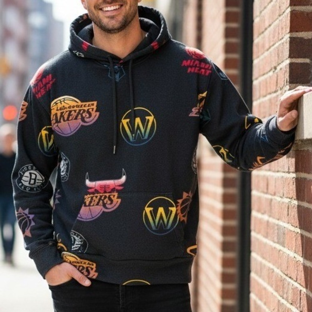 Hollister Mens NBA Logos All Over Print Hoodie‎ Los Angeles Lakers Heat Bulls